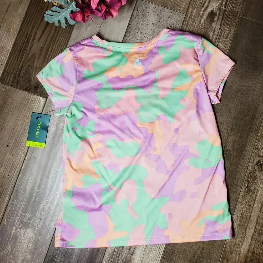 NWT TEK GEAR Girls Pastel Camo Bling Crewneck Performance Shirt Medium Size 8